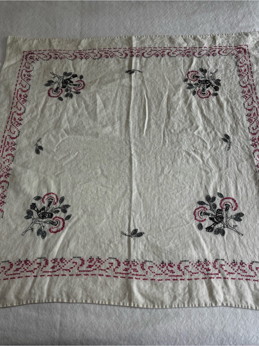 Embroidered Floral Tablecloth or Blanket - White with Pink & Black Accents